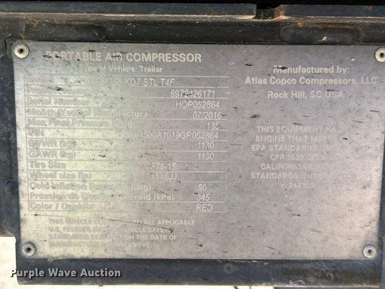 image for item DZ5168 2016 Atlas Copco CPS185 air compressor