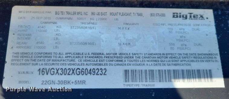 image for item EA2870 2016 Big Tex 22GN HD equipment trailer