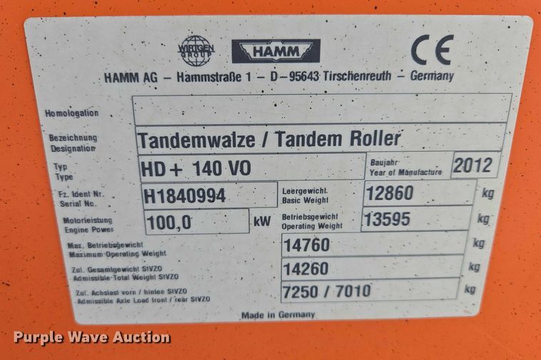 image for item EB1314 2012 Hamm HD+140 Oscillation double drum vibratory roller