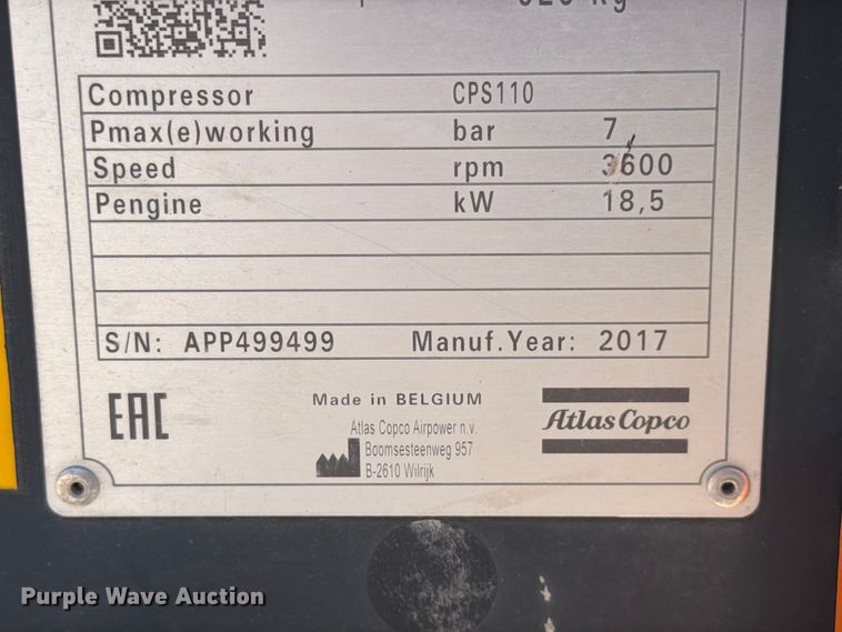 image for item ED5141 2017 Atlas Copco CPS110 air compressor