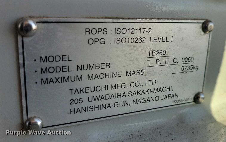 image for item EE0880 2014 Takeuchi TB260 mini excavator