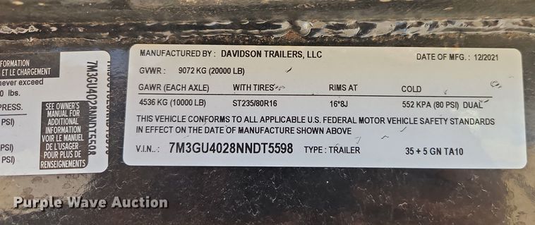 image for item EO7019 2022 Davidson Trailers, LLC equipment trailer