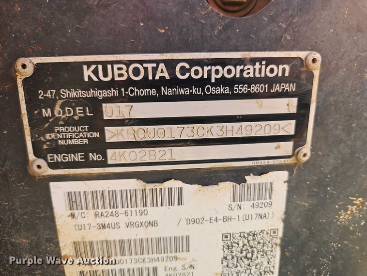image for item EO7044 2019 Kubota U17 mini excavator