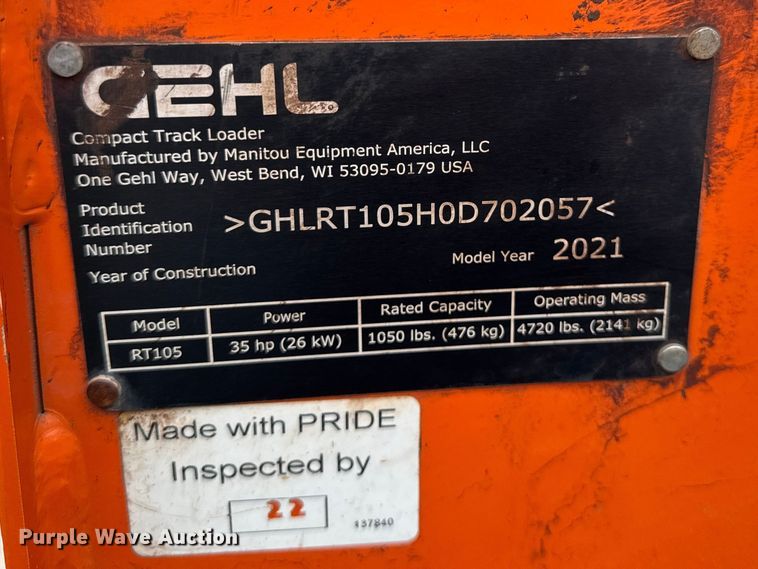 image for item ER0435 2021 Gehl RT105 tracked skid steer loader