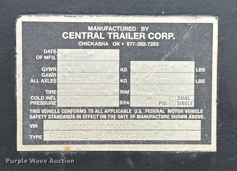 image for item ES5812 2002 Central Trailer Corp. equipment trailer
