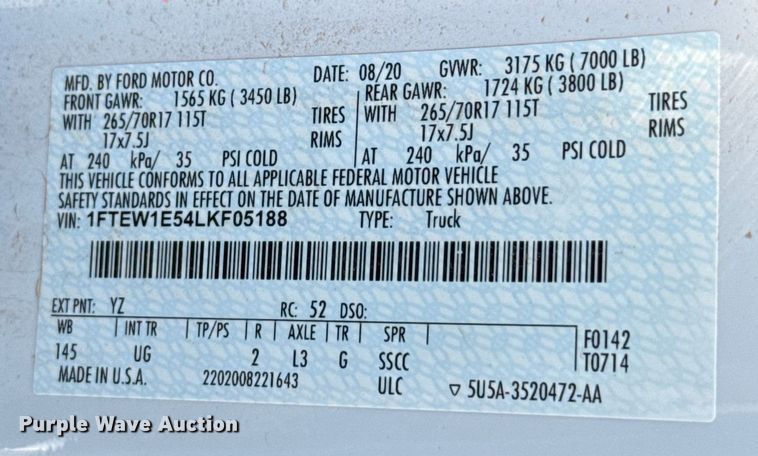 image for item ES5911 2020 Ford F150 XLT Crew Cab pickup truck