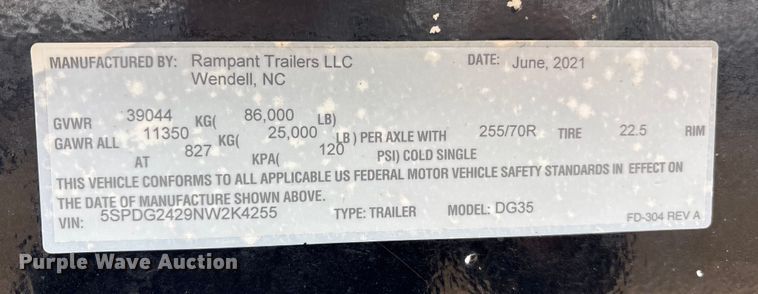 image for item ES8606 2022 Rampant Trailers LLC DG35 lowboy equipment trailer