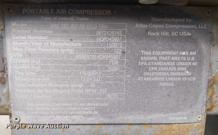 image for item EU2625 2014 Atlas Copco 185 air compressor
