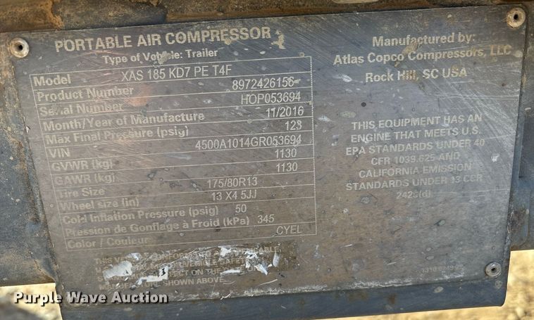 image for item EU4840 2016 Atlas copco XAS 185 KD7 air compressor