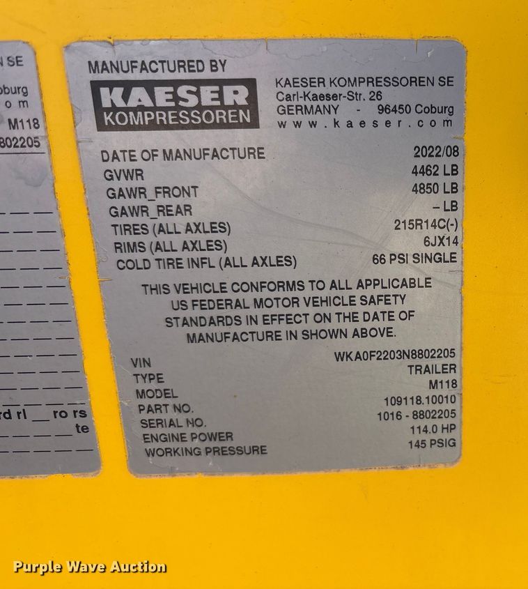image for item EU4934 2022 Kaeser M118 air compressor