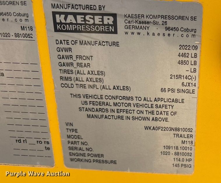 image for item EU4938 2022 Kaeser M118 air compressor