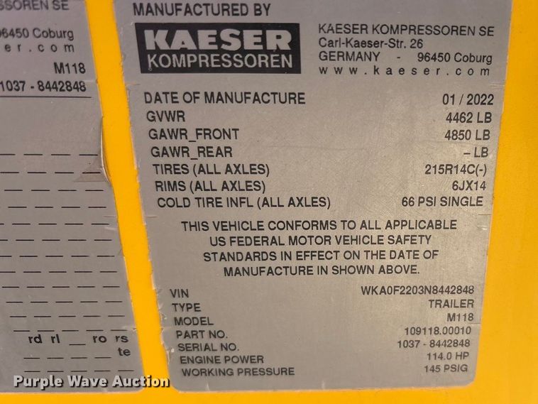 image for item EU4939 2022 Kaeser M118 air compressor