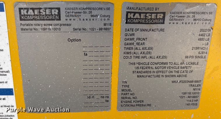 image for item EU4943 2022 Kaeser M118 air compressor