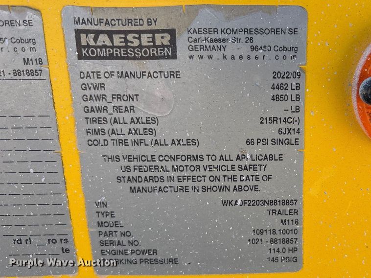 image for item EU4943 2022 Kaeser M118 air compressor
