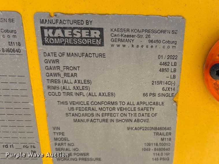 image for item EU4944 2022 Kaeser M118 air compressor