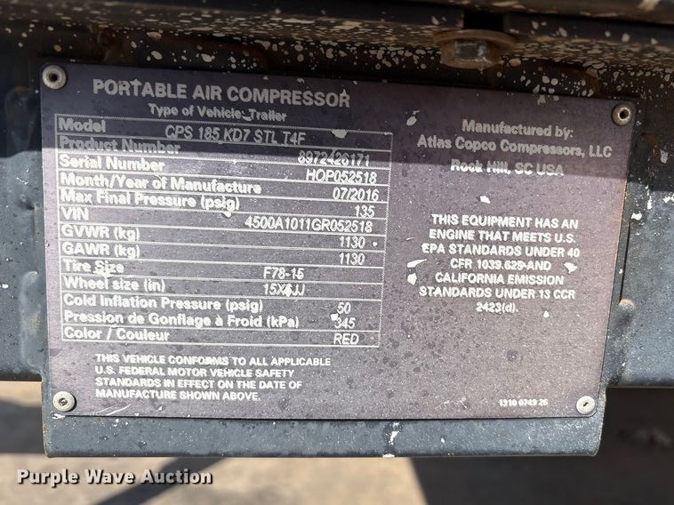 image for item EU4958 2016 Chicago Pneumatic CPS 185 KD7 SLT T4L air compressor