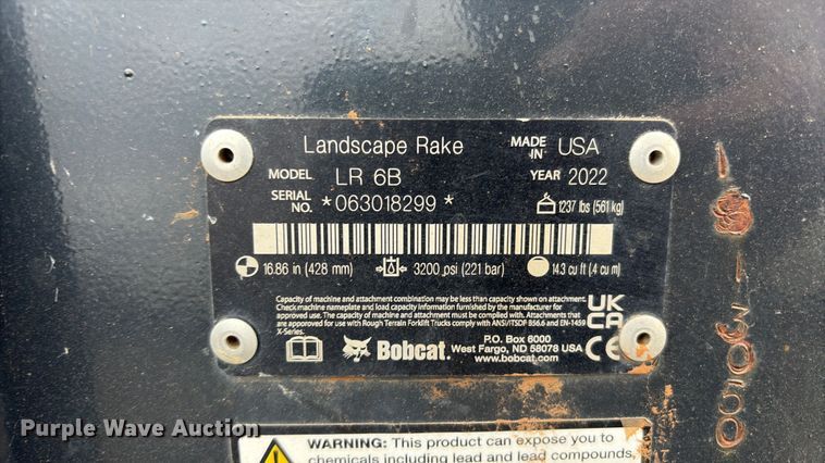 image for item EV2805 2022 Bobcat LR 6B skid steer landscape rake