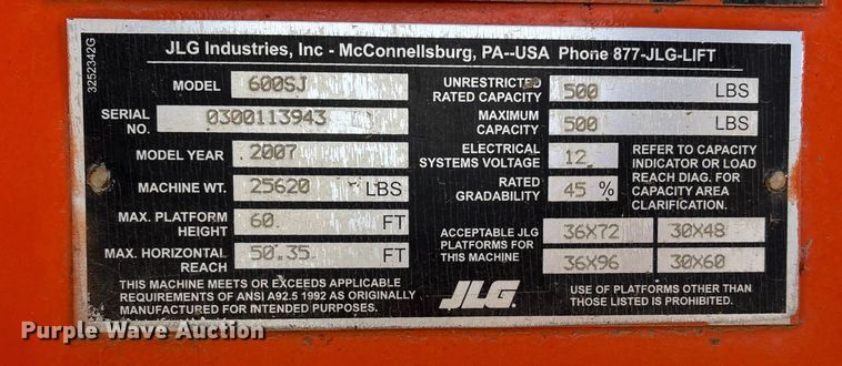 image for item FC1616 2007 JLG 600 SK boom lift