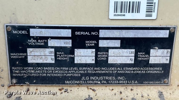 image for item FC5055 2011 JLG 4394RT scissor lift