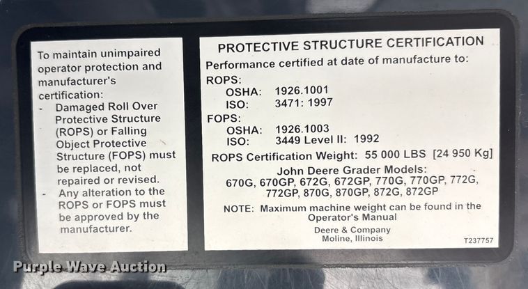 image for item FG2688 2012 John Deere 770G motor grader