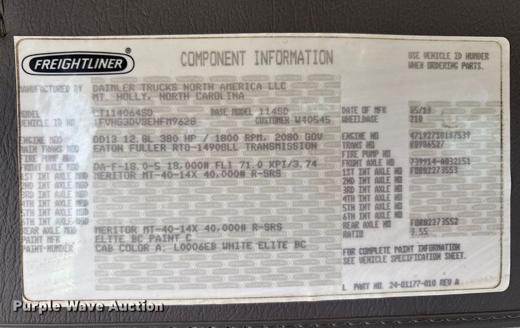 image for item FK1176 2014 Freightliner 114SD truck cab and chassis