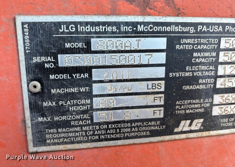 image for item FK1206 2011 JLG 800AJ boom lift