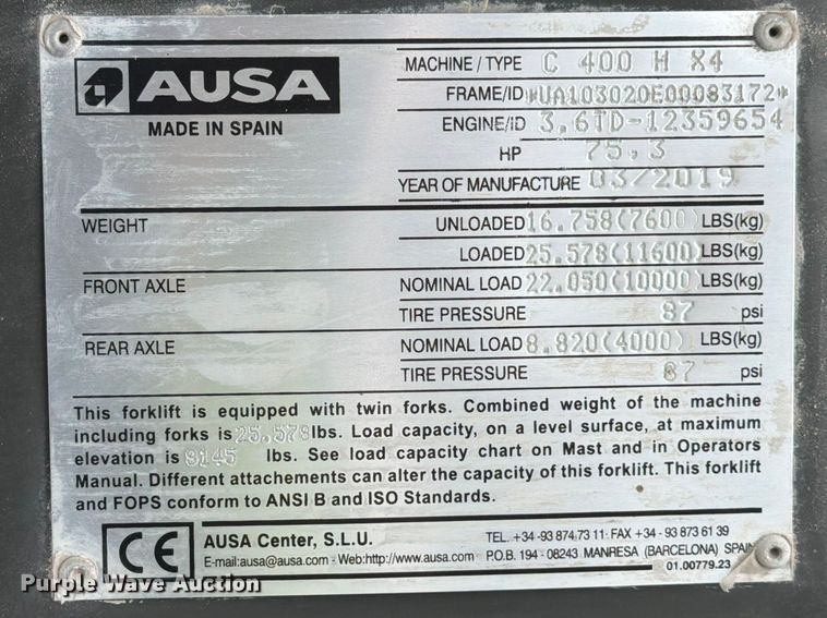 image for item YA2520 2019 Ausa C400H X4 forklift