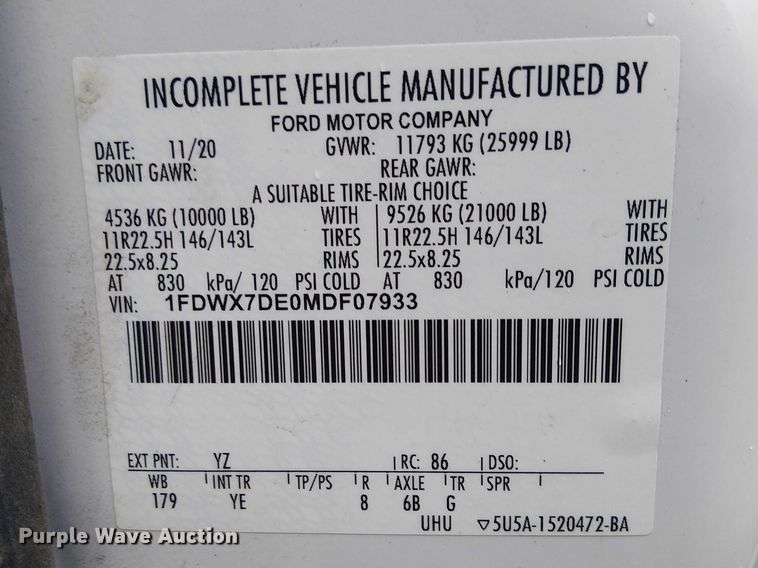 image for item YA2664 2021 Ford F750 Super Duty utility / service truck