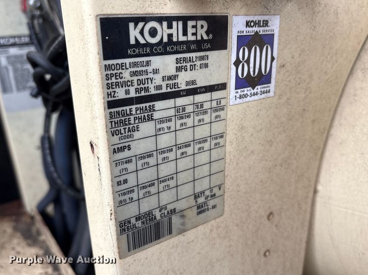 image for item YA2694 2006 Kohler 60REOZJBT generator