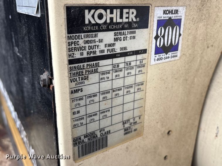 image for item YA2695 2006 Kohler 60REOZJBT generator