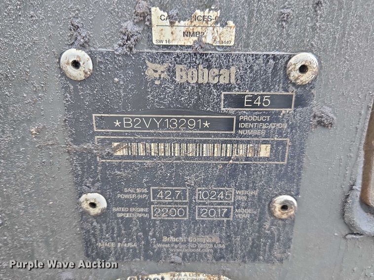 image for item YA2744 2017 Bobcat E45 mini excavator