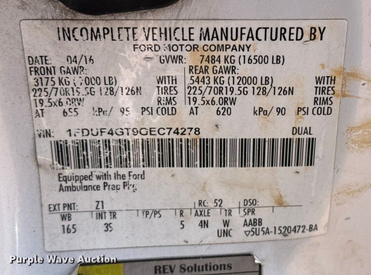 image for item DQ4352 2016 Ford F450 Super Duty XLT ambulance