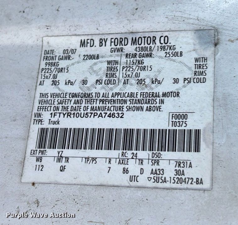 image for item DU2653 2007 Ford Ranger pickup truck