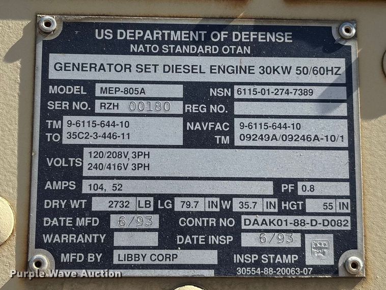 image for item EN5976 1993 U.S. Department of Defense MEP-805A generator