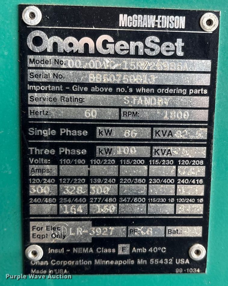 image for item ES8595 Onan 100 GenSet generator