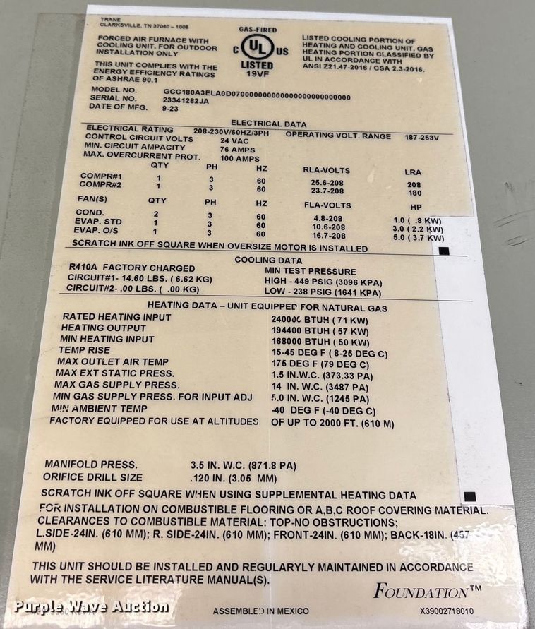 image for item ES8596 2023 Trane GCC180A3ELA0D0700000000000000000 AC unit