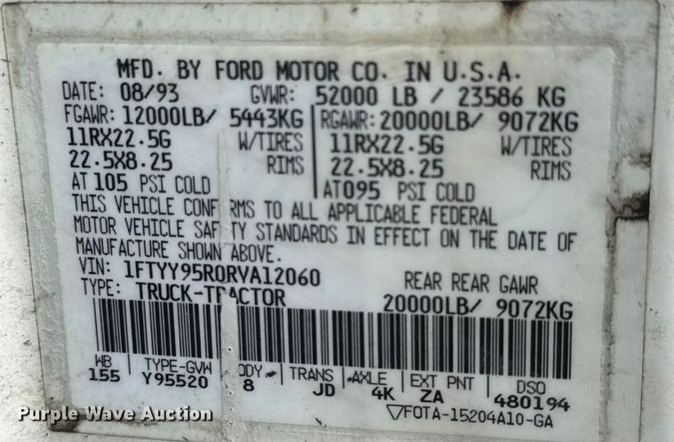 image for item ET1590 1994 Ford Aeromax L9000 dump truck