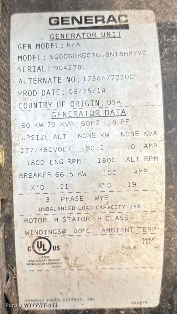 image for item EV2754 Generac SG0060KG036.8N18HPYYC generator