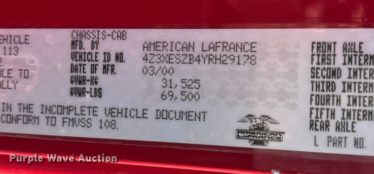 image for item FC5063 2000 American Lafrance Eagle ladder fire truck