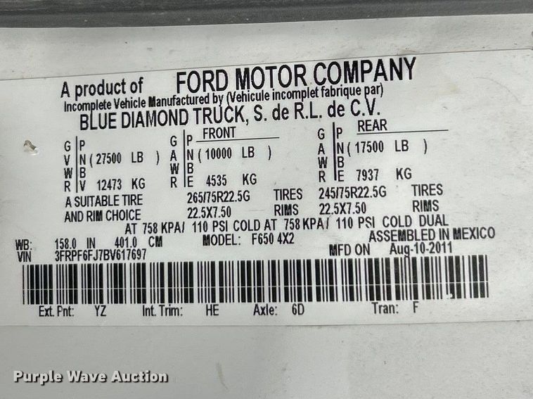 image for item FC5111 2011 Ford F650 Super Duty dump truck