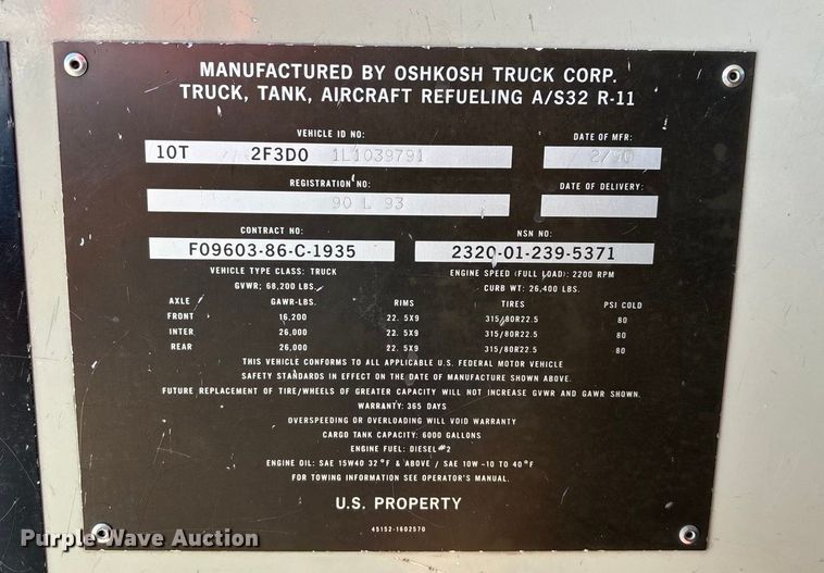 image for item FG0111 1990 Oshkosh pumper fire truck