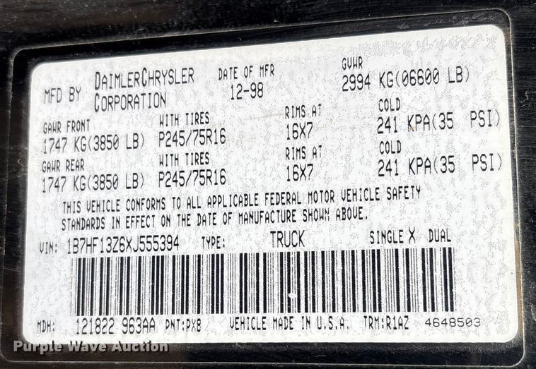 image for item FG2709 1999 Dodge Ram Ext. Cab pickup truck