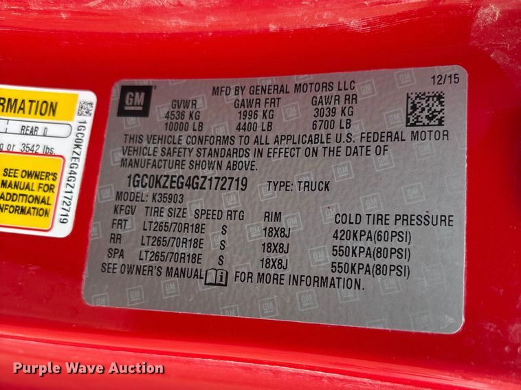 image for item FG2724 2016 Chevrolet Silverado 3500HD pickup truck cab and chassis