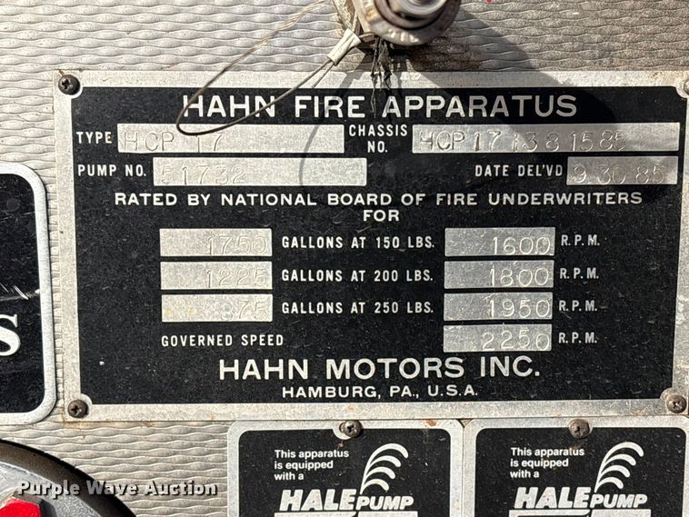 image for item FI0137 1985 Hahn HCP17 pumper fire truck
