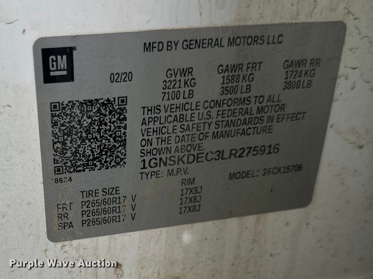 image for item FK1778 2020 Chevrolet Tahoe Police SUV