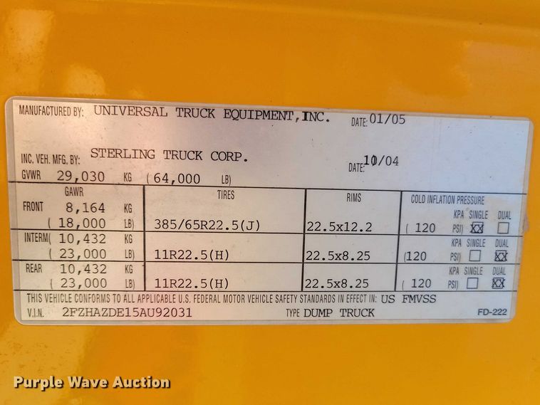 image for item NK9861 2005 Sterling L9500 dump truck