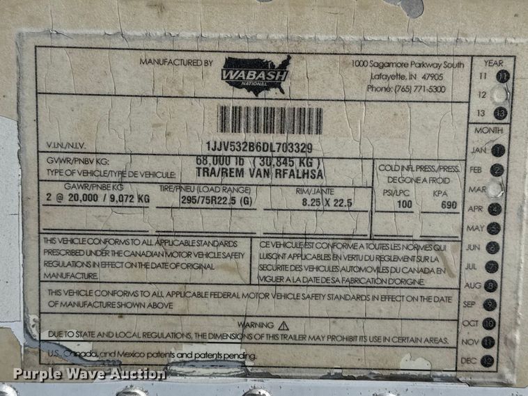 image for item DZ5130 2013 Wabash refrigerated van trailer