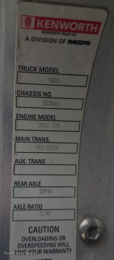 image for item EB1213 2012 Kenworth T800 truck cab and chassis