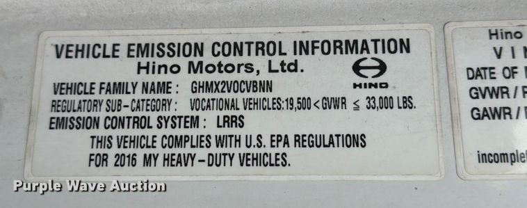 image for item FB7969 2016 Hino 338 box truck