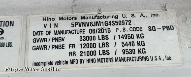 image for item FB7969 2016 Hino 338 box truck